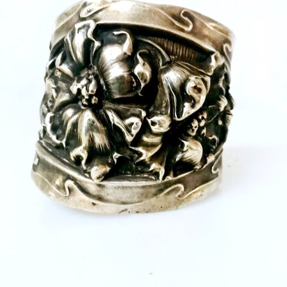 Art Nouveau Sterling Silver Floral Cuff Bracelet 925 Repoussé Victorian Wide - Picture 6 of 9